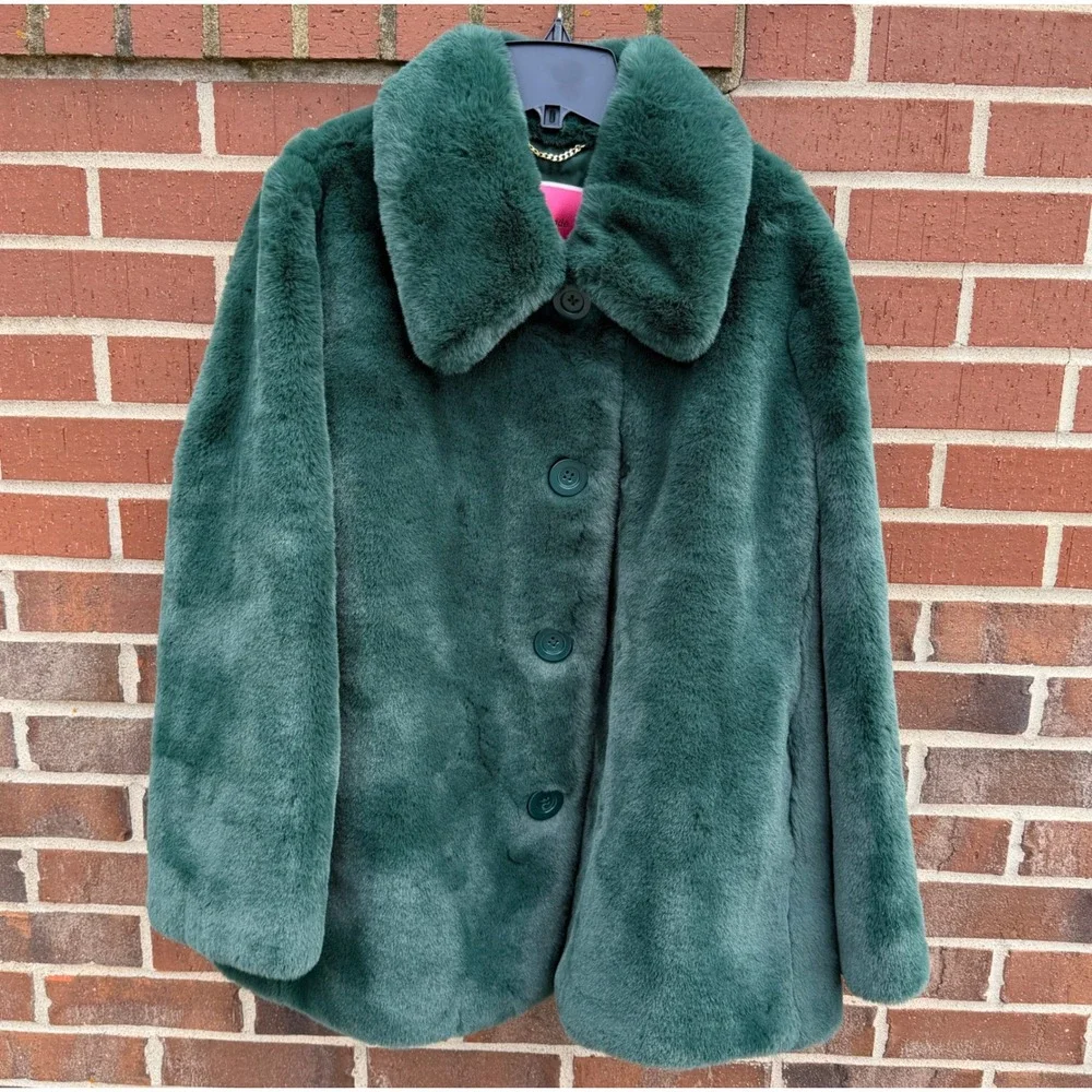 Kate Spade Pine Grove Plush Sz M Faux Fur Jacket Emerald Green Coat K9747 NEW